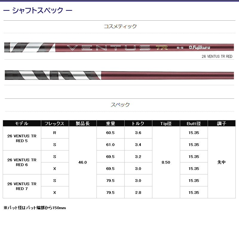 フジクラ 26 VENTUS TR RED 26ベンタスTRレッド（ホンマ用）スリーブ付きシャフト ドライバー用